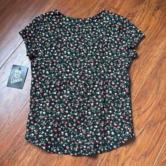 NWT Art Class Medium (8) Black Floral Short Sleeve Blouse Top Square Neck Ruched - Picture 4 of 6